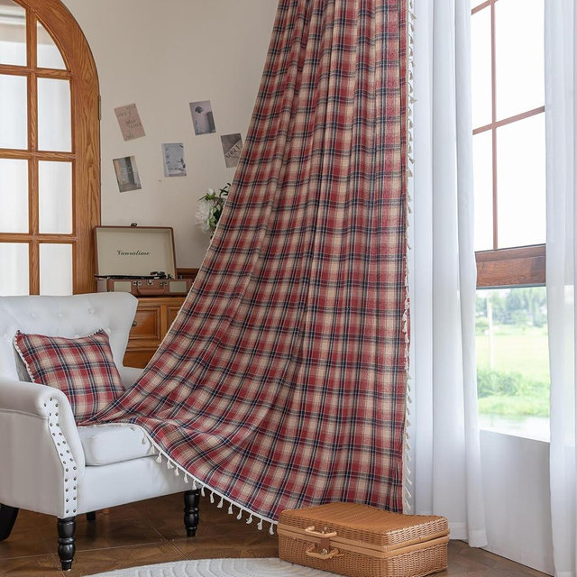 Erbnaryx Plaid Curtain 59W x 72L Inches,2 Panel Light Filtering Privacy Rod Pocket, Vintage Handmade Tassels Country Decor Drapery.Drape Textured Tartan Curtain for Living Room Bedroom (Red)