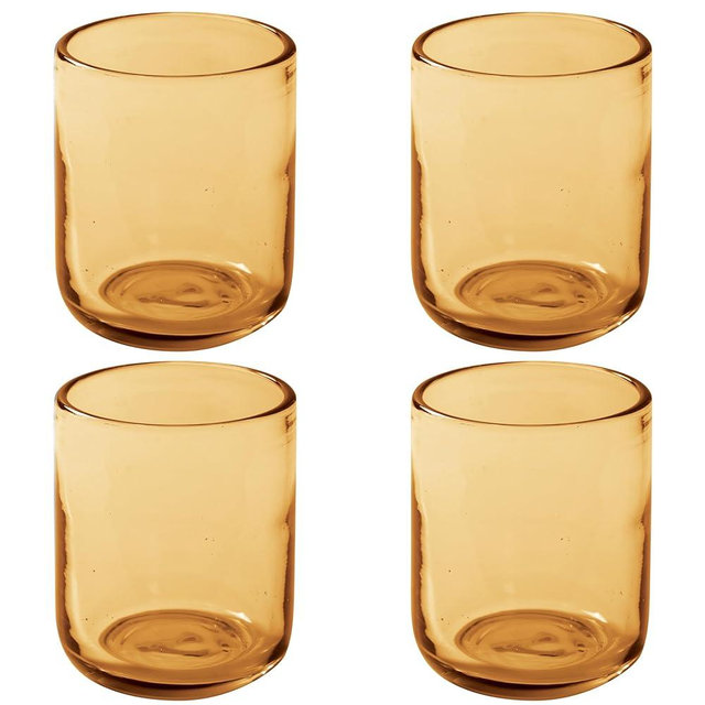 Bloomhouse Sayulita Spring 4 Piece Hand Made 16 OZ Amber Colored Glass Double Old Fashioned Set w/Four Coasters