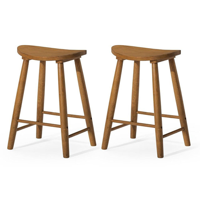 Maven Lane Luna Counter Stool Set of 2 – 26 Inch Round Stools with Footrest – Light Brown Solid Wood – Space-Saving Design for Kitchen Counters & Islands, Ideal for Apartments, Dorms & Compact Living