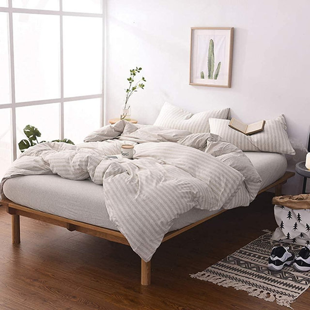 DONEUS Jersey Knit Cotton Striped Duvet Cover Set King Size Light Brown Reversible Striped Duvet Cover 3 Pieces Bedding Set(1 Duvet Cover + 2 Pillow Shams),Simple Stripes Design