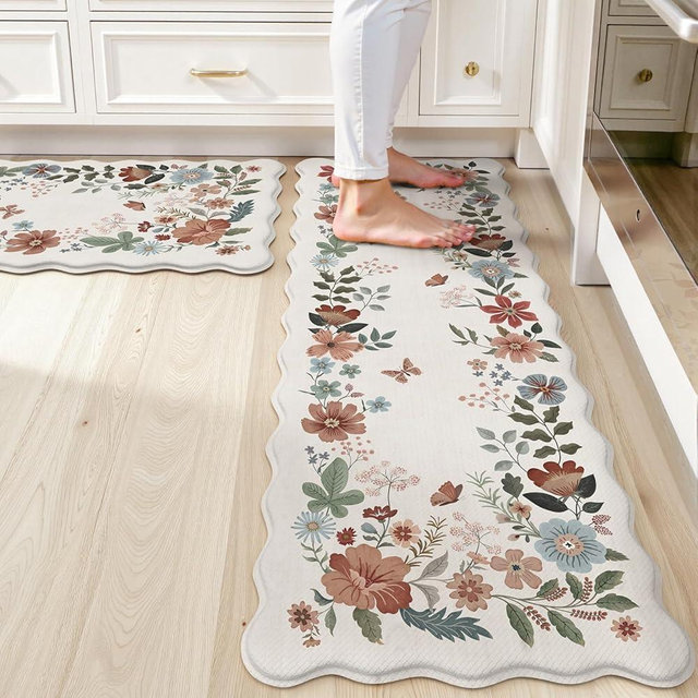 Collive Kitchen Mats Cushioned Anti Fatigue, Scalloped Waterproof Kitchen Floor Mat Beige Sink Rug 2 Piece Non Slip, Comfort Desk Standing Rugs for Bedroom, Office, Laundry