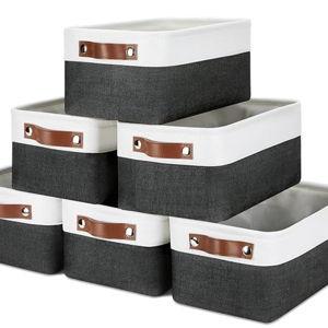 DULLEMELO Small Storage Baskets 6 Pack, Fabric Collapsible Gift Storage Baskets for Shelves, Closets, Nursery, Home, Office Organizing,Small Canvas Linen Rectangular Storage Bins (White&Black)