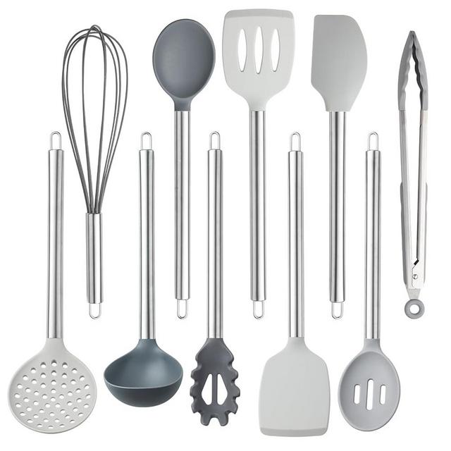 COOK WITH COLOR Silicone Cooking Utensils, 10 Pc Kitchen Utensil Set, Easy to Clean Silicone Kitchen Utensils, Cooking Utensils for Nonstick Cookware, Kitchen Gadgets Set (Grey)