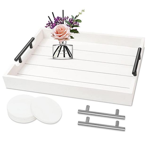 SXNOWS Coffee Table Tray - Large Ottoman Tray for Living Room - Wooden Serving Tray with Handles(2 Sets) - Decorative Tray for Coffee Table Included 4 Round Coasters(White)