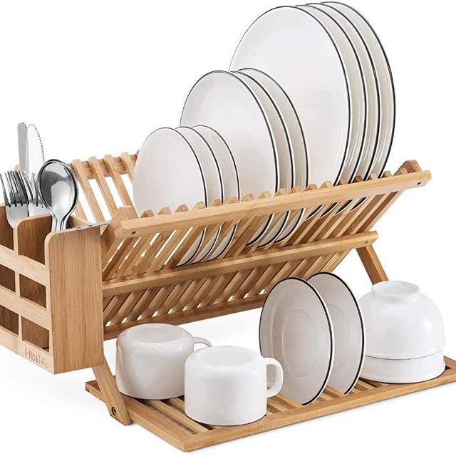 HBlife Bamboo Dish Drying Rack and Utensils Flatware Holder Set with Dish Drying Mats Collapsible Drainer,Cups and Utensils Holder