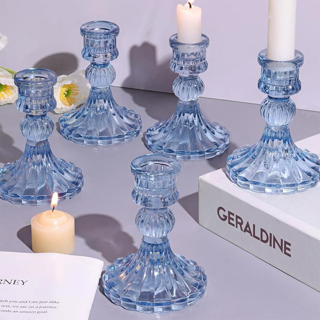 DARJEN 12PCS Blue Candlestick Holders Set- 4" H Taper Candle Holders, Glass Candle Holders Bulk for Wedding, Party, Home Table Centerpieces, Festival Gifts & Windowsill Decor