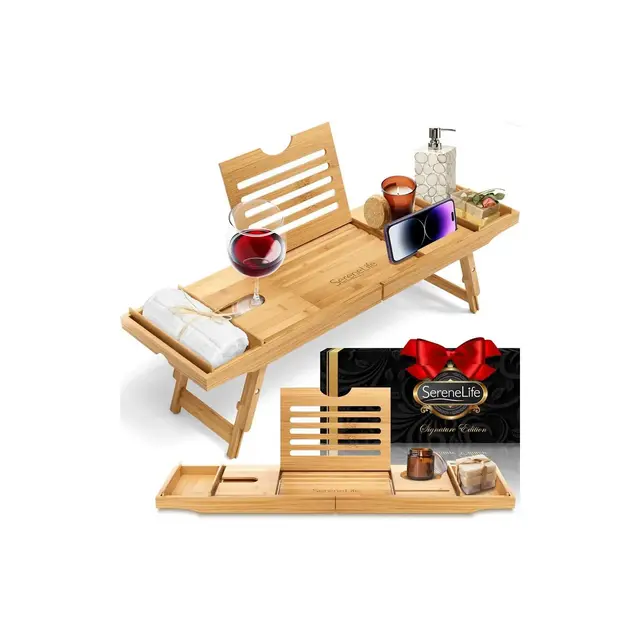 SereneLife Natural Bamboo Bathtub Caddy - Adjustable Shower Tub Tray with Device Holder and Wine Glass Slot