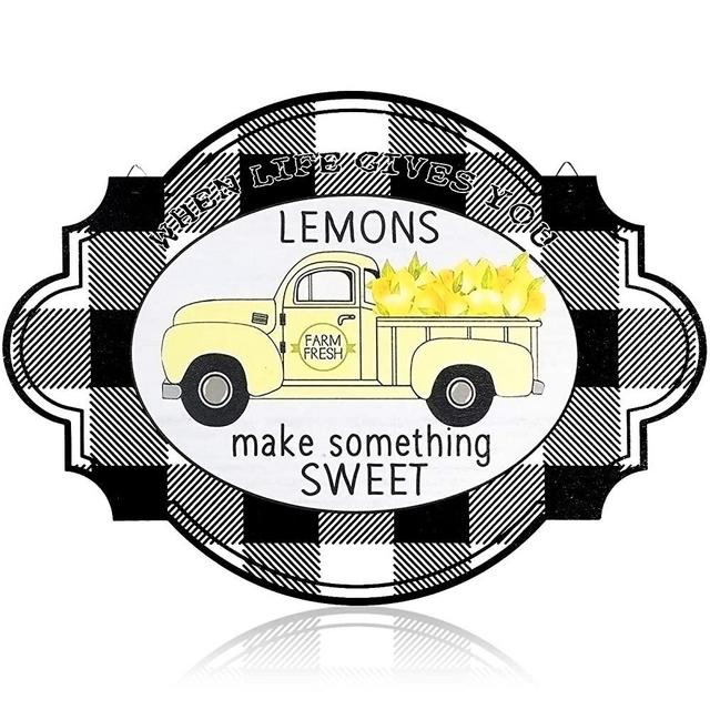 Lemons Wooden Sign When Life Gives You Lemons Make Something Sweet Lemons Wood Wall Decor Farmhouse Rustic Wall Sign Buffalo Plaid Retro Pictures Decor for Kitchen Living Room Art, 15.7 x 11.4 Inch