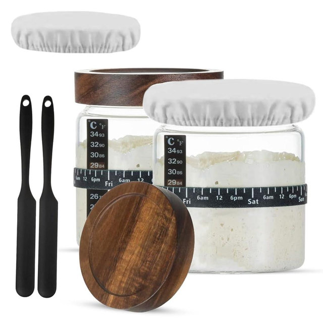 NETIX VERA Sourdough Starter Jar Kit - Pack of 2, 35oz Wide Mouth Glass Jars for Sourdough Starter with Date Marked Feeding Scale, Thermometer, Cloth Cover, Scraper & Wooden Lid, Sourdough Jars