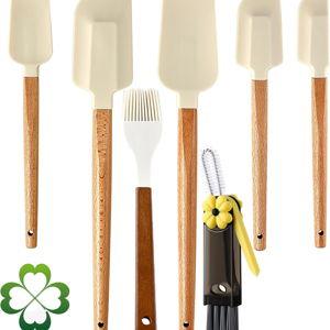 7 Piece Silicone Spatula Set, Food Grade Rubber Spatula Set with Wooden Handle, Heat Resistant Up to 600°F, Silicone Utensils Set for Baking, Cooking & Mixing, Jar, Non-Stick Kitchen Utensils