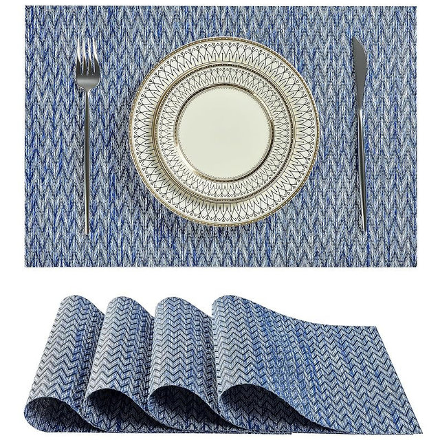 Leetaltree Blue Placemats Set of 4 - Heat Resistant Non-Slip Place mats for Dining Table, Washable Durable PVC Vinyl Woven Table Mats（Blue Zigzag, 4）