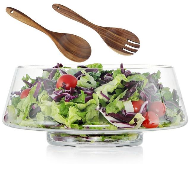 MOLIGOU Large Glass Salad Bowl with Acacia Wood Serving Utensils, 169oz Salad Serving Bowl for Party, Elegant Glass Bowl for Fruit, Trifle, Pasta