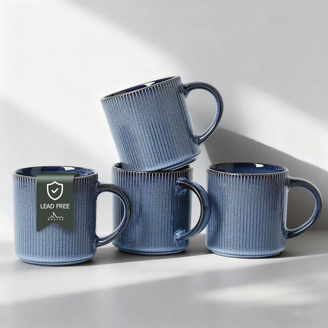MONITO 16Oz Coffee Mugs Set of 4, Rustic Ceramic Coffee Cups Set with Large Handle, Vintage Striped Stoneware Coffee Mugs for Latte, Cocoa, Tea, Milk, Microwave & Dishwasher Safe, Deep Blue