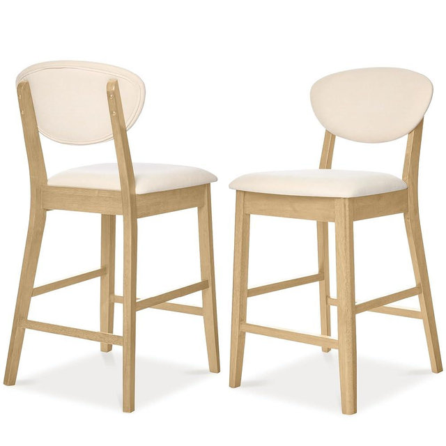Best Choice Products Set of 2 Counter-Height Bar Stools, Mid-Century Modern, Armless Wood Stools W/Upholstered Seat Cushion & Backrest for Kitchen Island or Dining Room Bar - Oak/Cream