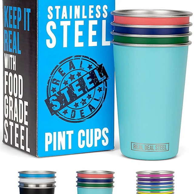 Stainless Steel Pint Cups 16oz: Real Deal Steel Set of 4 Premium Metal Drinking Glasses, BPA Free, Stackable, Durable, Shatterproof Single Wall Multicolor Tumblers for Camping, Outdoors, Pool, Beer