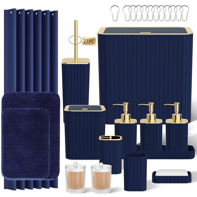 InnJoey Bathroom Accessory Set - Bathroom Set, 27PC Bathroom Accessories Set, Navy Blue Bathroom Sets with Shower Curtain and Rugs, Mini Trash Can, Toilet Brush, Trash Can & Soap Dispenser