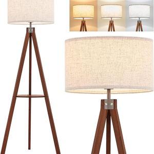 ELYONA Mid Century Floor Lamp with 3 Color Temperatures LED Bulb, Modern Wood Tripod Table Reading Standing Light, Wooden Shelf Floor Lamp for Farmhouse Living Room Bedroom Office Linen Shade Vintage