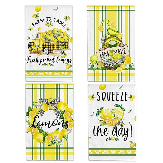 Hexagram Lemon Kitchen Towels Set of 4, Lemon Dish Towels and Hand Towels for Kitchen Spring Summer Lemon Gnomes Farmhouse Kitchen Housewarming Gifts