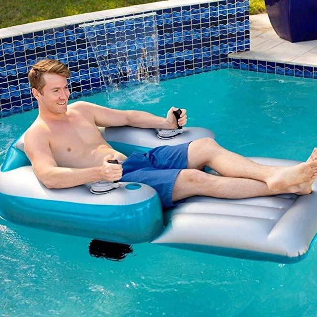 PoolCandy Splash Runner 2.5 Motorized Inflatable Pool Lounger, Water Hammock Raft for Pool or Lake, Toy for Adults & Kids, Lightweight, Durable, Propellers Enclosed w/Safety Grill, Batteries Required