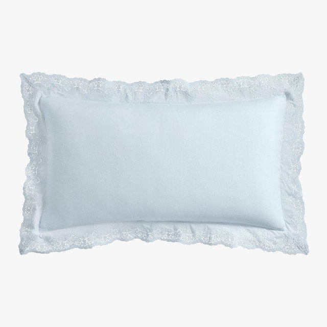 LoveShackFancy Belgian Flax Linen Sham with Lace Trim, Blue, King