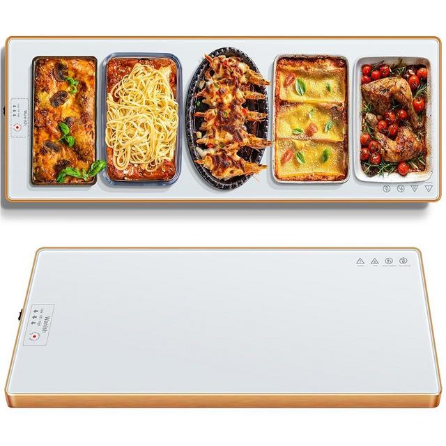 Electric Warming Tray (Extra Long 47.24”x11.81”)，Food Warmers for Parties Buffet & Gathering, Tempered Glass Warming Mat for Food with Adjustable Temperature Modes, White Chafing Dishes