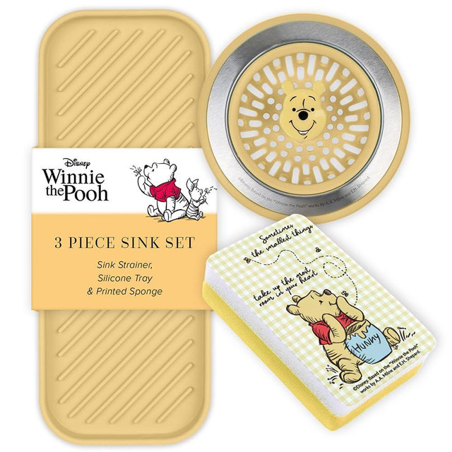 Disney 3-in-1 Kitchen Sink Accessories Set – Sink Drain Strainer, Dish Sponge, & Silicone Sink Tray – Featuring Stitch & Winnie the Pooh