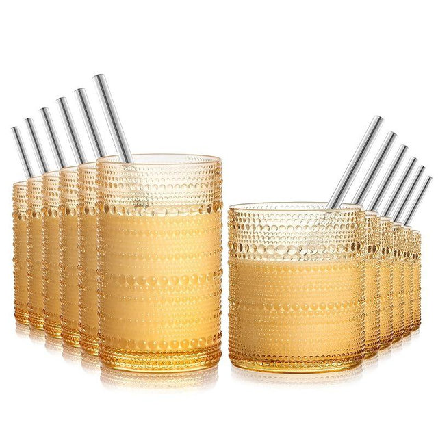 DmmyAlzx Hobnail Drinking Glasses Set of 12 Count, Vintage Glassware, Old Fashioned Glasses, 6 Highball Bubble Drinking Cups15 oz, 6 Rocks Cups 14.5 oz with 12 Stainless Steel Straws, Amber