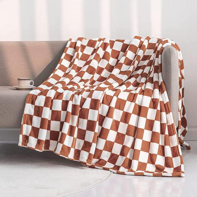 LOMAO Throw Blankets Flannel Blanket with Checkerboard Grid Pattern Soft Throw Blanket for Couch, Bed, Sofa Luxurious Warm and Cozy for All Seasons (Maple Brown, 51"x63")
