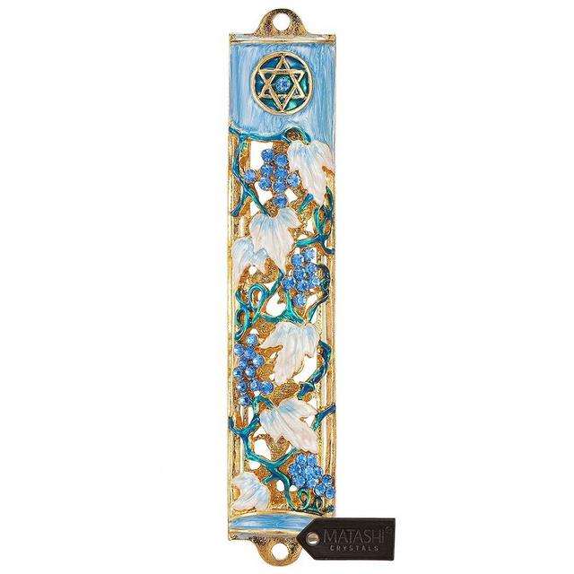 Matashi Hand Painted Blue and Ivory Enamel Grape Mezuzah Embellished with Gold Accents and Crystals Home Door Wall Decor Housewarming Present Gift for Festival (6 inch)