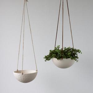 Hanging Ceramic Porcelain Planter Medium Size, Geometric Faceted or Smooth finish, choose Hemp or Leather Cording