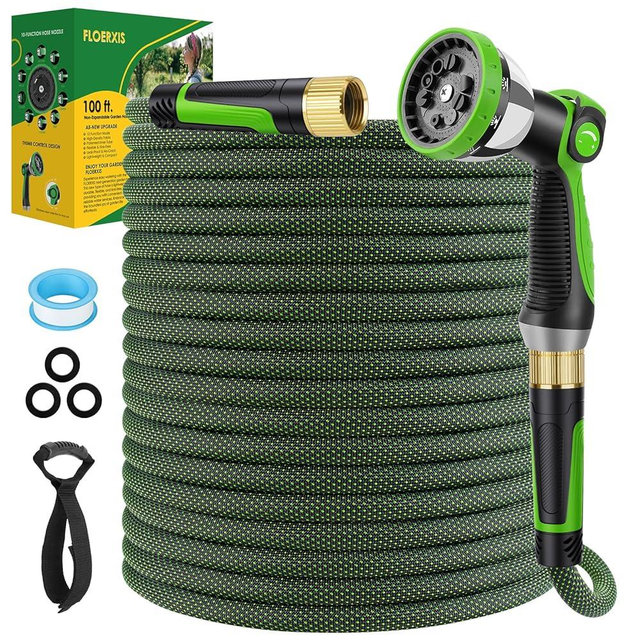 FLOERXIS Non-Expandable Garden Hose 100 FT, Lightweight Hose with 10 Function Spray Nozzle, Kink-Free Flexible Water Hose, Durable, Leak-Proof, 360° Swivel Connectors, Portable Storage Strap