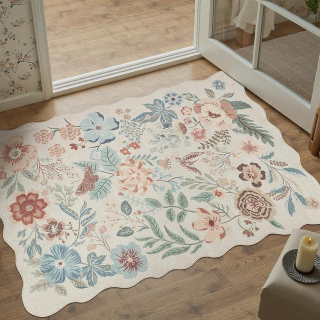 DCX Beige Floral Rug 3x5, Washable Beige Rug for Living Room, Kid & Pet Friendly with Rubber Back Non Slip, Soft Low Pile Carpet, Stain Resistant Rug for Bedroom, Nursery, Dining Room