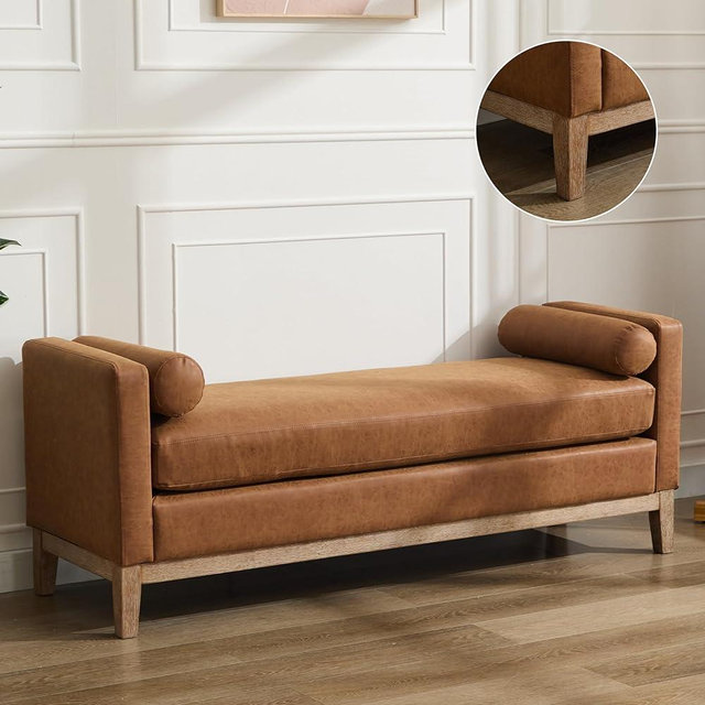 Aoiy & Wifon 66.34" W End of Bed Bench, King Size Upholstered Bench with Pillows for Bedroom/Entryway/Living Room, Leather, Brown