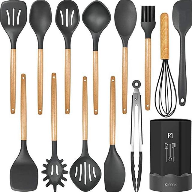 Silicone Cooking Utensils Kitchen Utensil Set, Heat Resistant,Kitchen Utensils Spatula Set with Holder.Wooden Handle Gray Silicone Kitchen Tools Gadgets for Non-Stick Cookware .BPA Free.(Large)