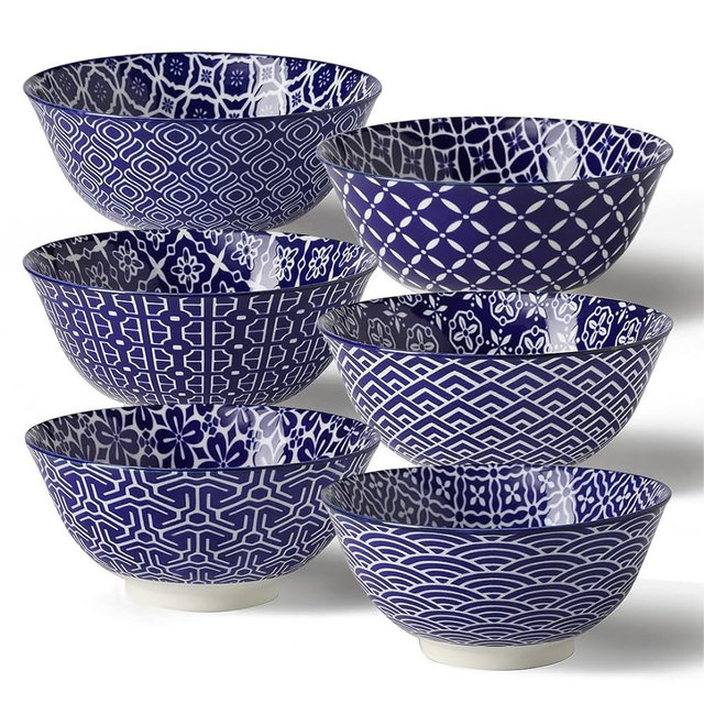 Metahom Ceramic Cereal Bowls, 23 Oz Blue and White Bowls, Porcelain Soup Bowl Set for Salad, Dessert, Pasta, Ice Cream,Set of 6