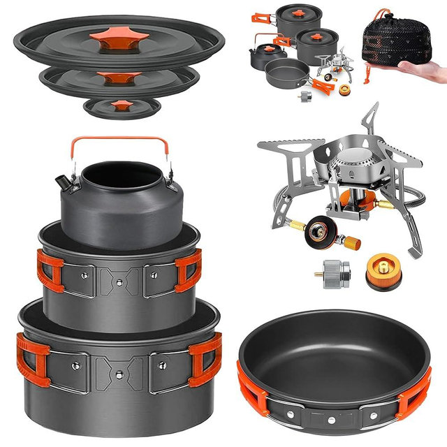 Smokey Camp Camping Cookware Mess Kit Set with Stove - Backpacking Camping Pots and Pans Set, All in One Non-Stick Camping Cooking Set, Portable Stove, Hiking, Picnic, Outdoor & Camping Cookware Set