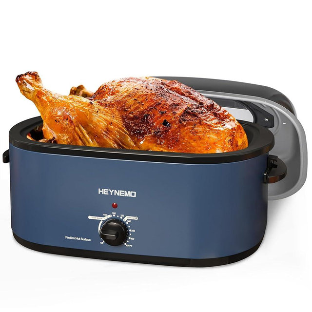 Roaster Oven 28 Quart, Electric Roaster Pan with Visible & Self-Basting Lid, Large Stainless Steel Electric Turkey Roaster Oven Defrost Warm Function, Removable Pan Rack, Fits Turkeys Up to 30LB, Blue