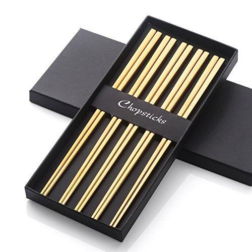 Buyer Star 5 Pairs Metal Gold Chopsticks, Reusable Stainless Steel Traditional Chinese Square Chopstix