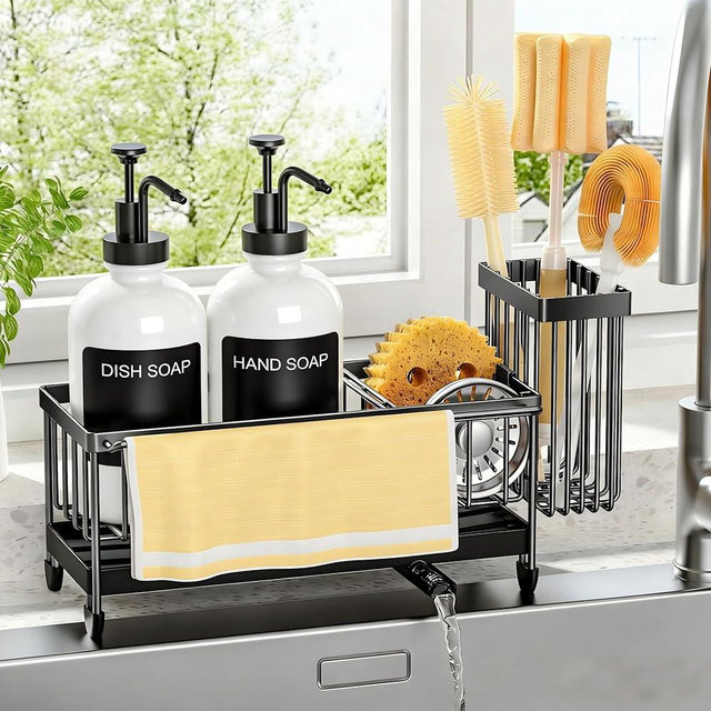 Kitchen Soap Dispenser Set with Sponge Holder and Towel Rack, 17OZ Glass Bottle, Hand and Dish Soap Dispenser Set, Non-Slip Silicone Pad, Brush Holder, Kitchen Sink Caddy Organizer Countertop (White)