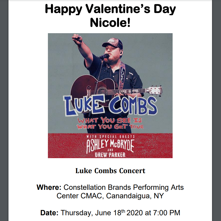 Geoff's Gift to Nicole for Valentines Day 2020. Concert did not happen until August 2021 due to COVID-19.
