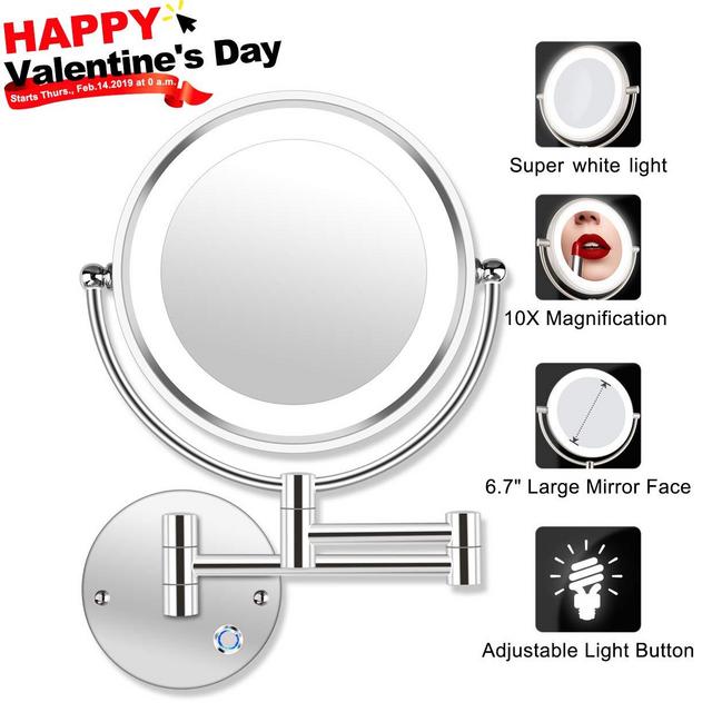 AmnoAmno 8.5&quot; LED Double Sided Swivel Wall Mount Vanity mirror-10x Magnification,13.7&quot; Extension,Touch Button Adjustable Light,Chromium,Shaving in Bedroom or Bathroom (8.5 Inch)