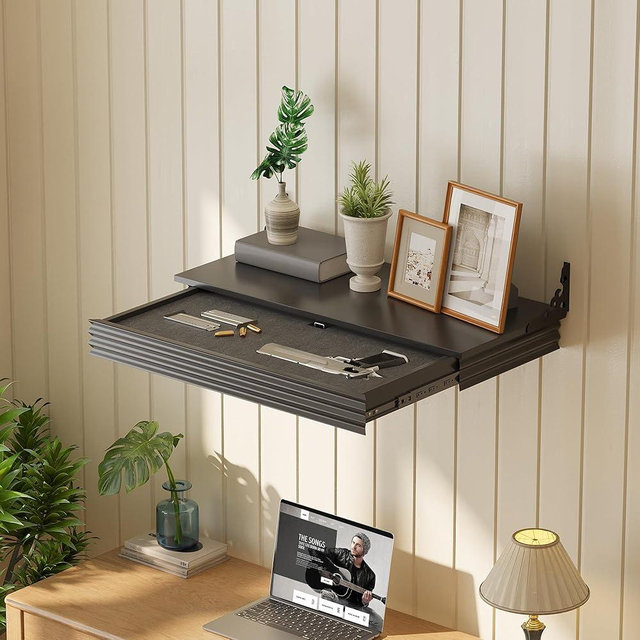 Gurexl 24" Solid Wood Floating - Gun Shelf with Magnetic Lock,Wall Mount Gun Rack with Hidden Storage Compartment,Indoor Gun Safe Furniture for Home Secure Gun Storage(Black)