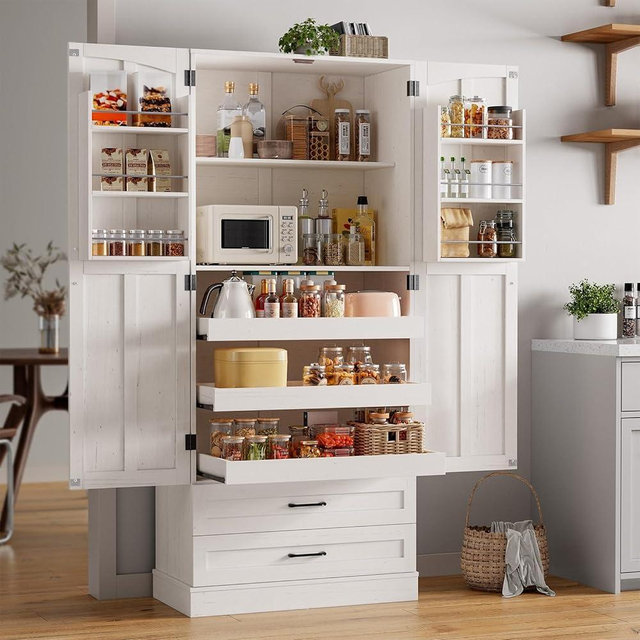 ONBRILL 71" Tall Farmhouse Kitchen Pantry Cabinet with 3 Pull Out Shelves & 2 Large Drawers, Pantry Storage Cabinet with 6 Door Shelves & Adjustable Shelf, Freestanding Pantry for Kitchen, Dining Room