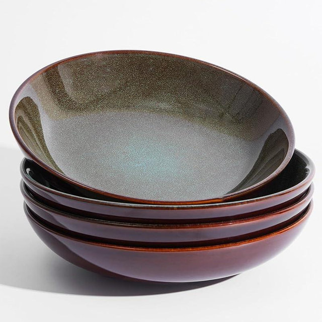Pokini 8.75 Inch Large Ceramic Pasta Bowls, 32 Oz Reactive Glaze Stoneware Pasta Serving Bowls Set of 4 for Kitchen, Wide Bowls for Fruit,Pasta,Salad,Soup, Scratch Resistant-Brown and Green