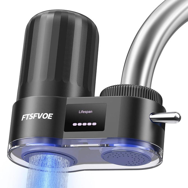 Faucet Water Filter for Sink, with LED Display Water Filter, Turbine-Powered UV Sterilization, Reduces Chlorine, Limescale, Heavy Metals, and Odors with 2 Replacement Filter