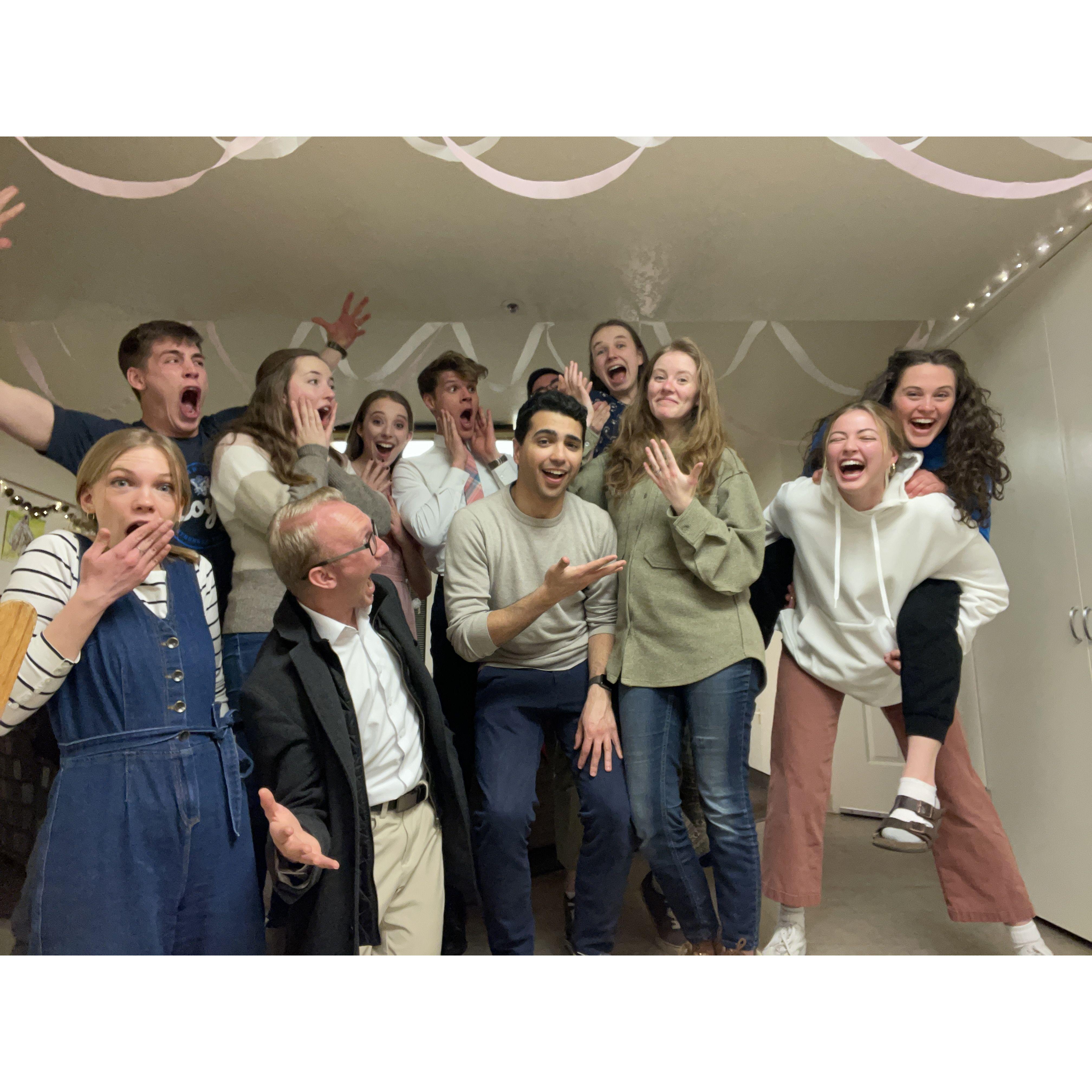 Caio proposed in February, completely catching Hannah by surprise (she didn't think the ring would be there for a few more weeks!).  Then they partied it up with their friends!