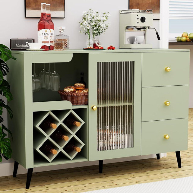 XINMAIZI Bar Cabinet with Frosted Glass Doors, Liquor & Coffee Bar Cabinet with 5 Wine Racks, 2 Stemware Holders, 3 Drawers, Metal Legs, Modern Sideboard for Dining Room, Living Room, Green