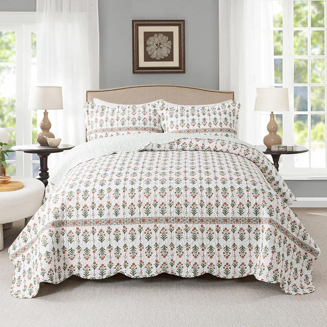 Travan 3-Piece Quilt Set Quilted Bedspread Lightweight Coverlet Set Garden Style Floral Printed Oversized Quilted Bedding Set for All Season, Orange Mirror, Queen Size