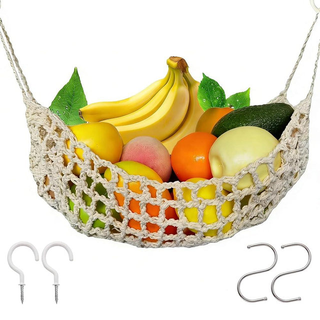 Hanging Fruit Hammock Under Cabinet, 13×16in Macrame Hanging Fruits Basket with 4 Hooks Fruit Net Banana Hammock Hanging Storage Veggie Hanger Basket for Kitchen Home Boat Rv(Beige)