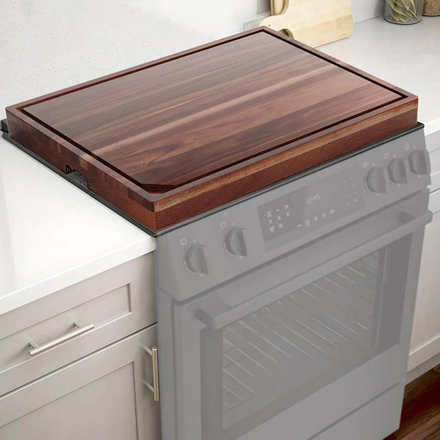 Acacia Wood Noodle Board Stove Cover with Built-in Wavy Handles, Wooden Stove Top Cover for Gas Burners & Electric Stove, Cutting Board with Juice Grooves, Serving Tray 30"L x 22"W x 2.5"H